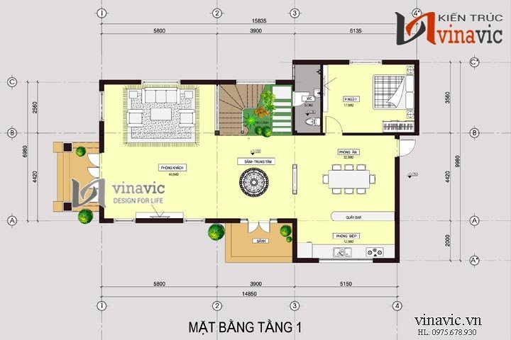 Mặt bằng tầng 1 Biệt thự 3 tầng 4 phòng ngủ rộng 200m2 2 mặt tiền 9m BT1495