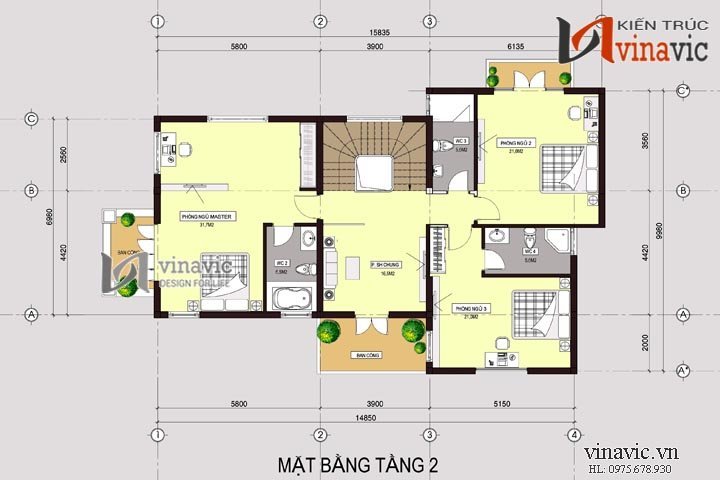 Mặt bằng tầng 2 Biệt thự 3 tầng 4 phòng ngủ rộng 200m2 2 mặt tiền 9m BT1495
