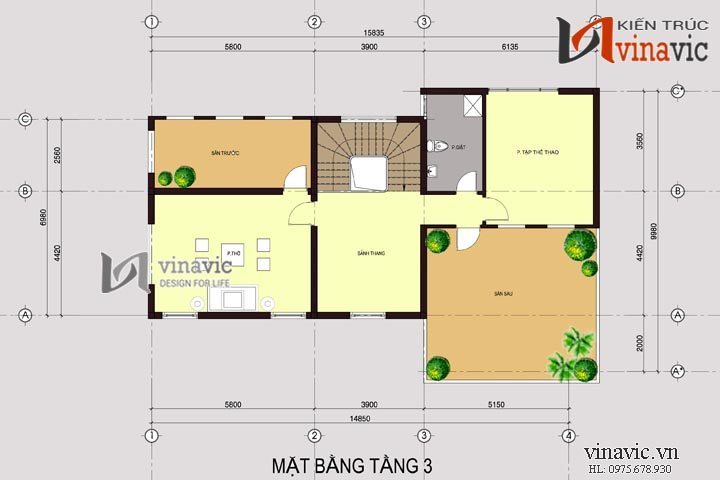 Mặt bằng tầng tum Biệt thự 3 tầng 4 phòng ngủ rộng 200m2 2 mặt tiền 9m BT1495