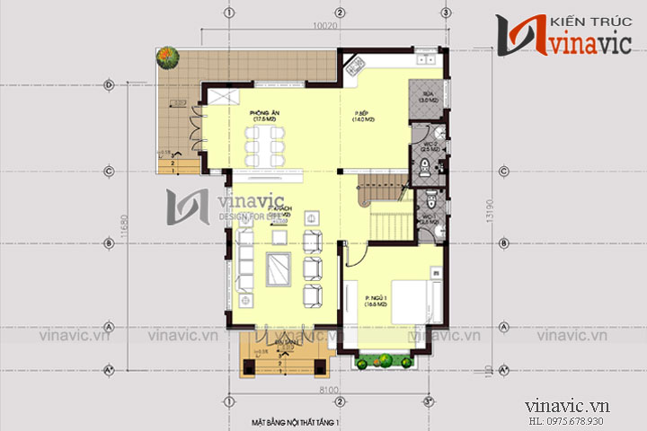 Mặt bằng tầng 1 Mặt tiền nhà 2 tầng mái thái BT1501