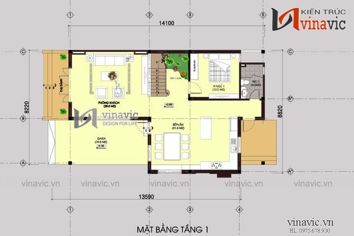 Mặt bằng tầng1 Mẫu nhà 2 tầng mái thái 