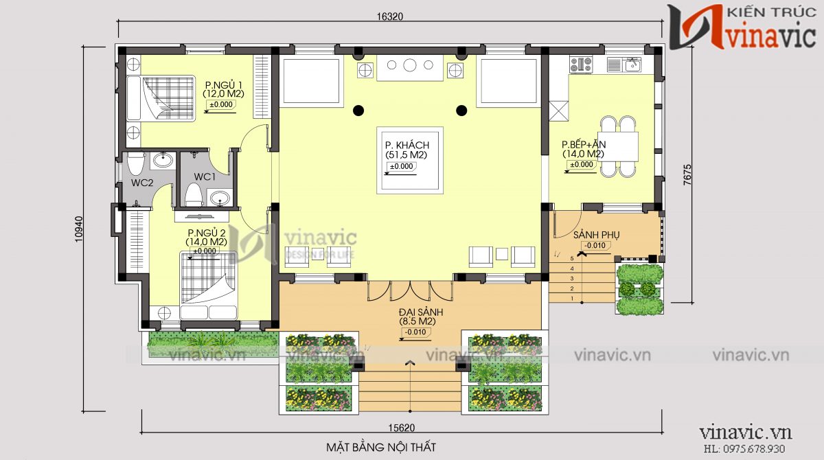 mặt bằng tầng 1 thiết kế nhà 1 tầng 2 phòng ngủ mặt tiền 16m dài 10m đầu tư 800 triệu