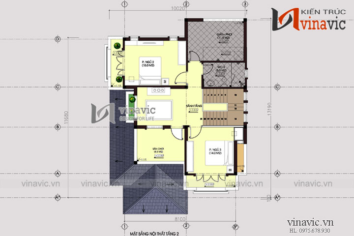 Mặt bằng tầng 2 Mặt tiền nhà 2 tầng mái thái BT1501