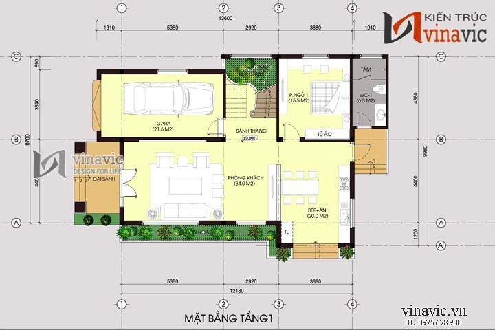 Mặt bằng tầng 1 mẫu nhà biệt thự đẹp 2 tầng BT1479