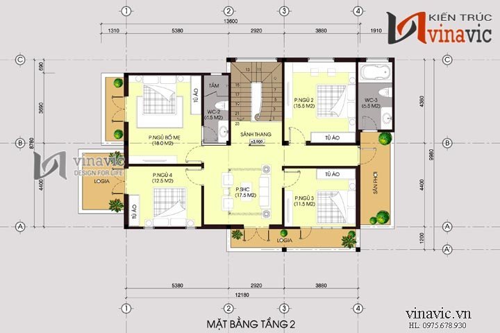 Mặt bằng tầng 2 mẫu nhà biệt thự đẹp 2 tầng BT1479