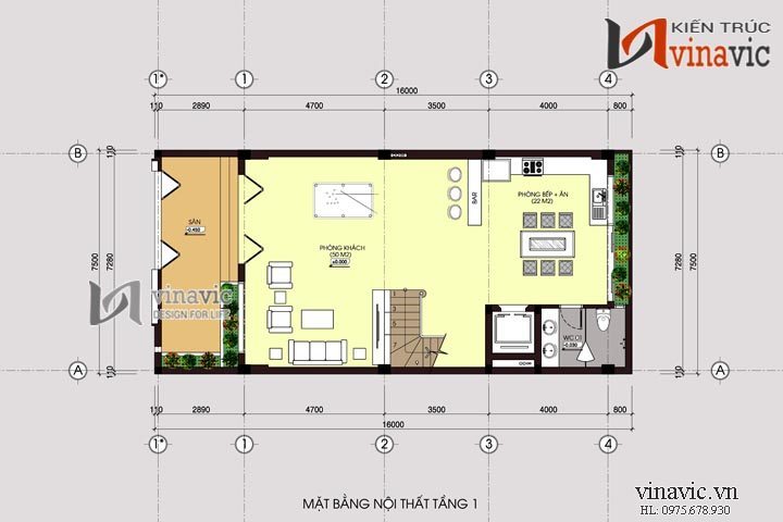 Mặt bằng tầng 1 mẫu thiết kế nhà ống đẹp NO1448