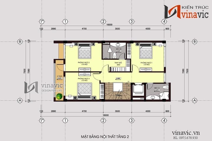 Mặt bằng tầng 2 và 3 mẫu thiết kế nhà ống đẹp NO1448