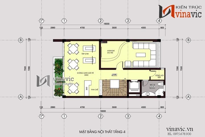 Mặt bằng tầng 4 mẫu thiết kế nhà ống đẹp NO1448 