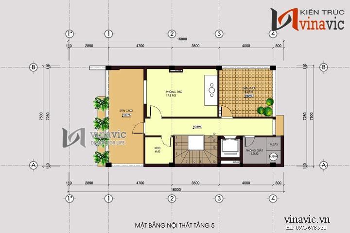 Mặt bằng tầng 5 mẫu thiết kế nhà ống đẹp NO1448