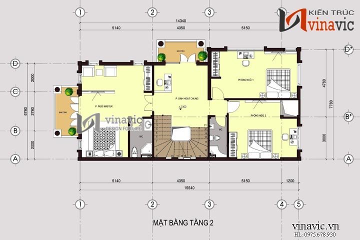 Mặt bằng tầng 2 Mẫu nhà đẹp 3 tầng 120m2 4 phòng ngủ mặt tiền rộng 8m BT1483