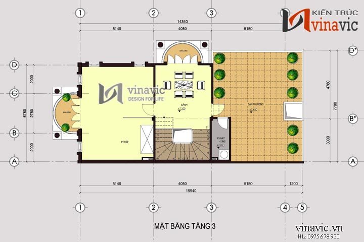 Mặt bằng tầng 3 Mẫu nhà đẹp 3 tầng 120m2 4 phòng ngủ mặt tiền rộng 8m BT1483