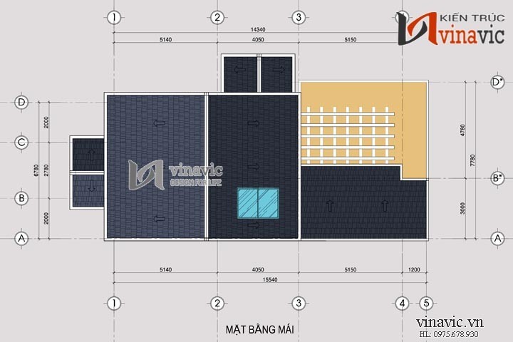 Mặt bằng tầng mái Mẫu nhà đẹp 3 tầng 120m2 4 phòng ngủ mặt tiền rộng 8m BT1483