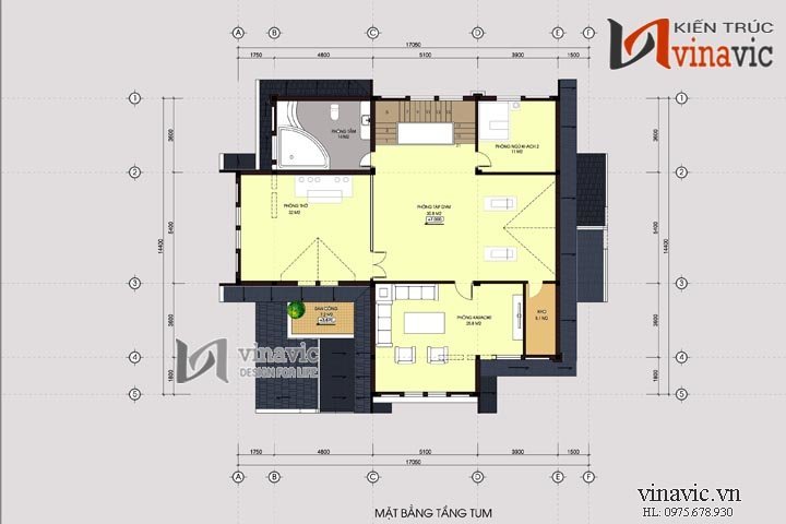 Mặt bằng tầng tum Mẫu nhà 2 tầng 1 tum BT1478
