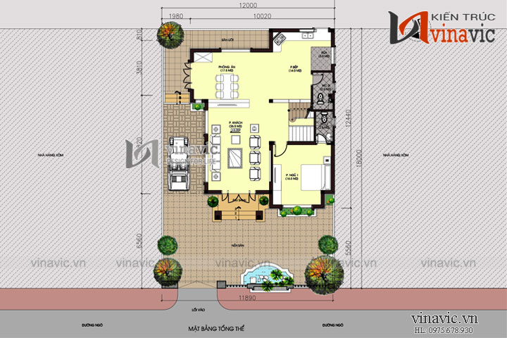 Mặt bằng tổng thể Mặt tiền nhà 2 tầng mái thái BT1501