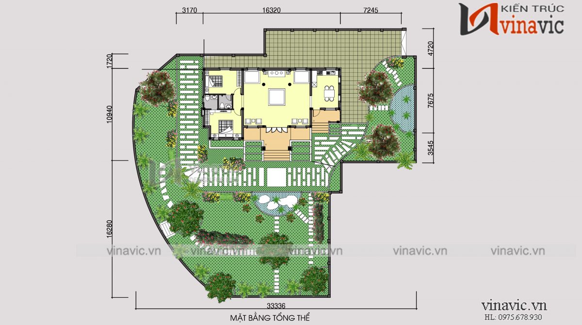 mặt bằng tổng thể thiết kế nhà 1 tầng 2 phòng ngủ mặt tiền 16m dài 10m đầu tư 800 triệu