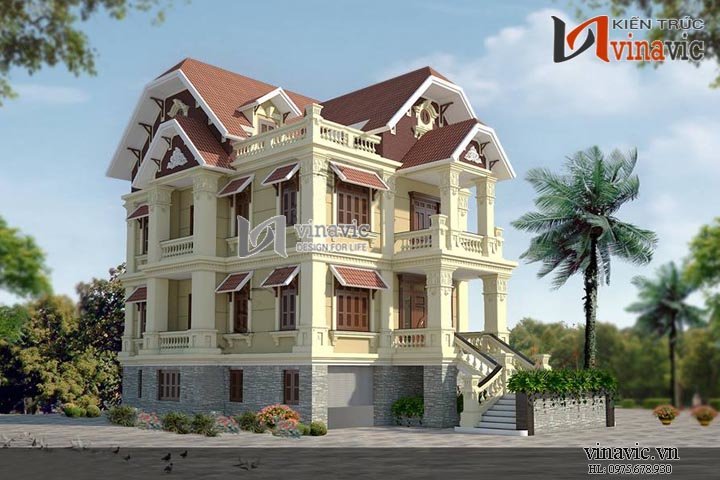 Mẫu thiết kế biệt thự 3 tầng đẹp phong cách cổ điển châu Âu  BTCC1437