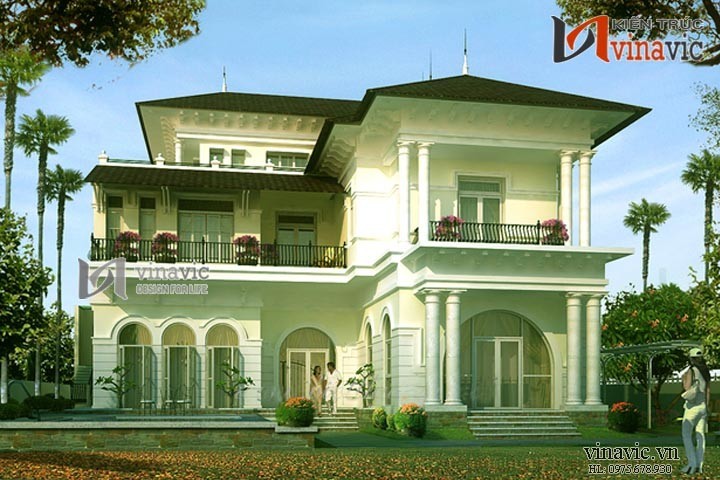 Xem mẫu biệt thự cổ điển đẹp tone màu trắng chủ đạo BTCC1402
