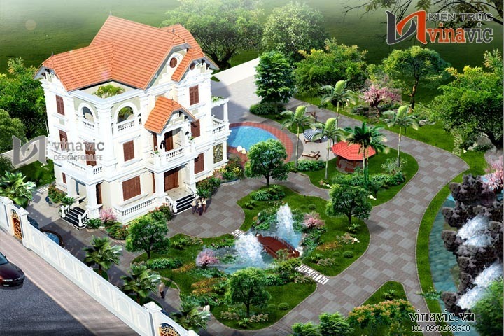 Góc nhìn tổng thể mẫu biệt thự cổ điển đẹp BTCC1410