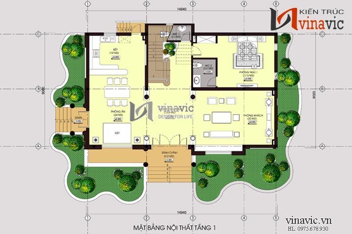  Mặt bằng tầng 1 mẫu biệt thự cổ điển đẹp BTCC1410 