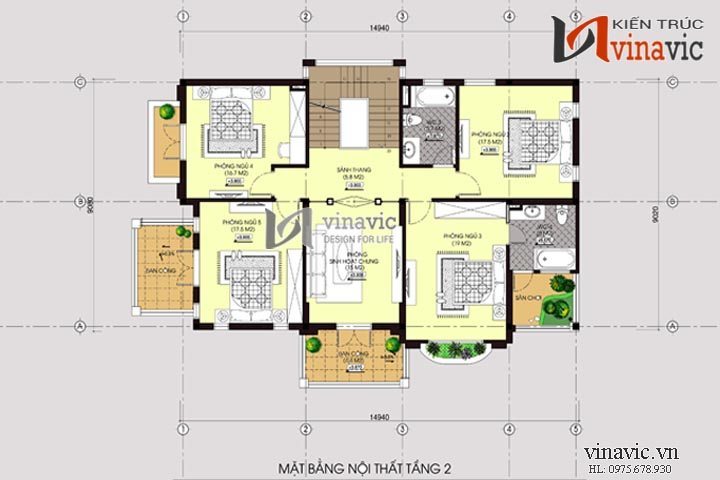 Mặt bằng tầng 2 mẫu biệt thự cổ điển đẹp BTCC1410