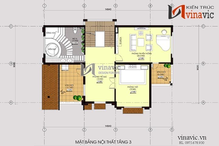 Mặt bằng tầng 3 mẫu biệt thự cổ điển đẹp BTCC1410