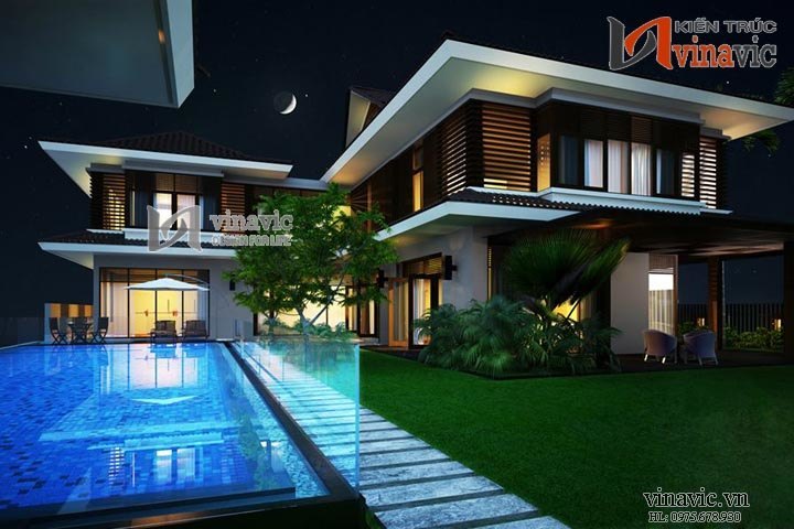 Phối cảnh bam đêm mẫu biệt thự hiện đại đẹp BTCC1422