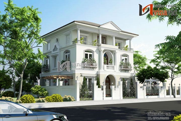 Phối cảnh góc trái mẫu biệt thự 3 tầng tân cổ điển theo kiến trúc nhà thờ đá