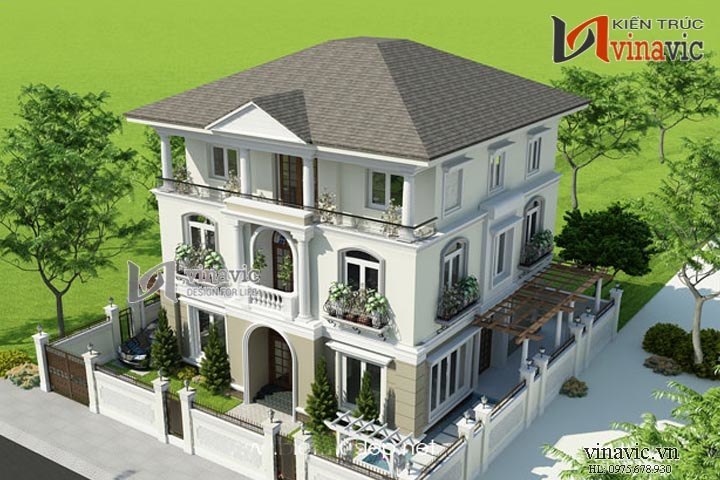 Phối cảnh góc phải thiết kế biệt thự tân cổ điển 3 tầng nhiều cây cảnh