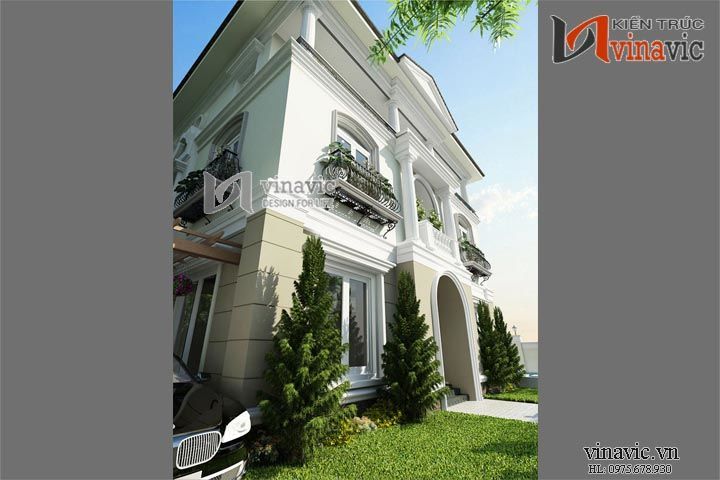 Cận cảnh các chi tiết gờ, rãnh trang trí tường ngoại thất thiết kế biệt thự cổ điển 3 tầng