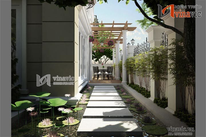 Cận cảnh ao lục bình bên hông mẫu biệt thự 3 tầng kiểu Pháp