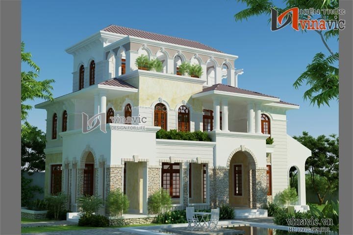Phối cảnh mặt tiền có sân vườn mẫu thiết kế biệt thự 3 tầng tân cổ điển 