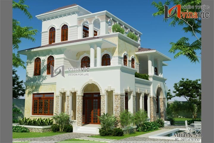 Phối cảnh mặt bên thông thoáng nhiều cửa của mẫu biệt thự 3 tầng sang trọng