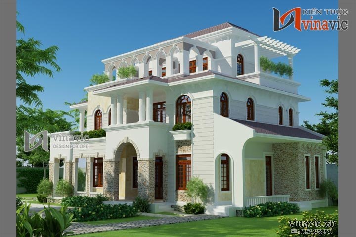 Cận cảnh sân vườn nhiều cây xanh thiết kế thi công biệt thự tân cổ điển