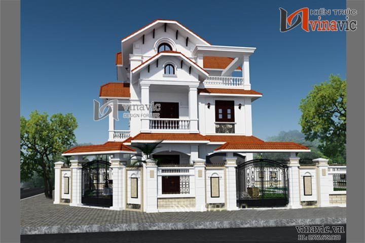Phối cảnh mặt tiền chính thiết kế biệt thự phố 2 mặt kiểu Pháp 3 tầng
