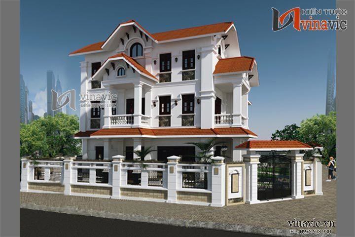 Phối cảnh mặt tiền phụ mẫu nhà 3 tầng cổ điển đẹp độc đáo