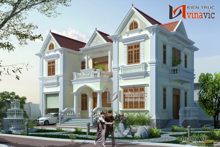 Mẫu biệt thự tân cổ điển đẹp tone màu trắng trang nhã BTCC1431