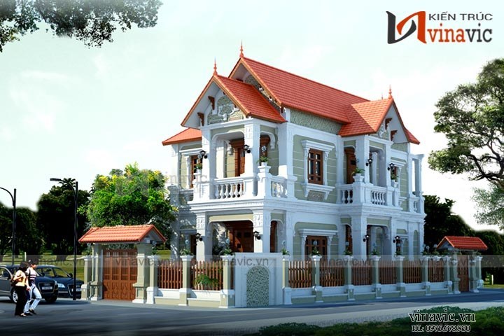 Mẫu nhà biệt thự cổ điển đẹp 2 tầng tone màu trắng BTCC1600