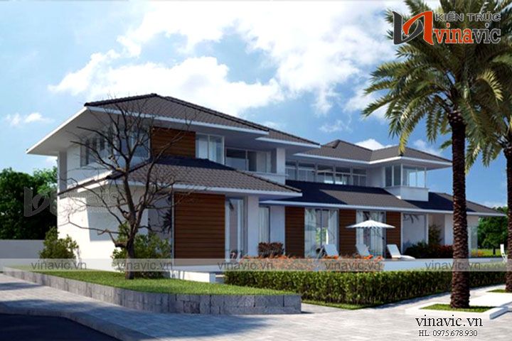 View góc trái mặt tiền có hồ bơi biệt thự 2 tầng mái Nhật uốn lượn đẹp