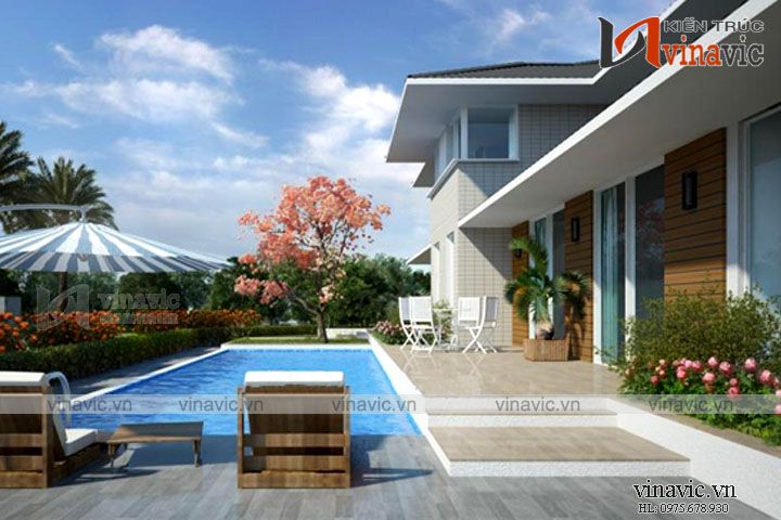 Hồ bơi mẫu thiết kế biệt thự 2 tầng mái Nhật đẹp phong cách hiện đại 