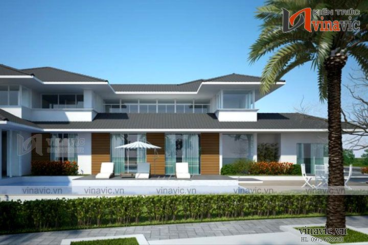 Không gian tắm nắng trước mặt tiền mẫu biệt thự 2 tầng 3 phòng ngủ đẹp đơn giản