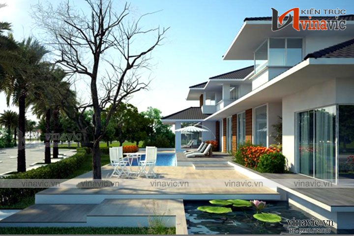 View góc phải mặt tiền thiết kế biệt thự 2 tầng hiện đại đẹp 