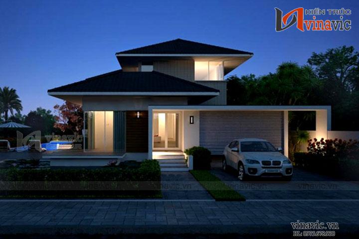 Phối cảnh ban đêm gara mẫu biệt thự 2 tầng mái Nhật đẳng cấp