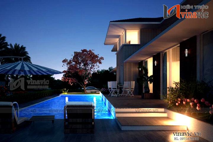 Phối cảnh hồ bơi về đêm mẫu thiết kế biệt thự hiện đại đẹp 