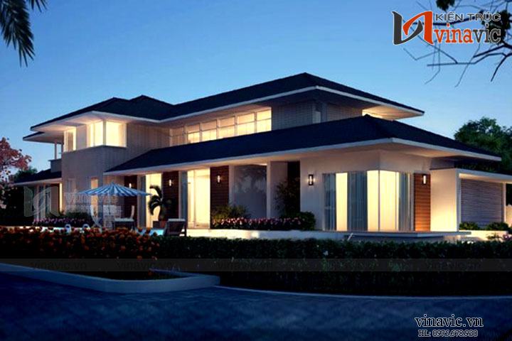 Phối cảnh mặt tiền về đêm biệt thự đẹp hiện đại mái Nhật 2 tầng 3 phòng ngủ