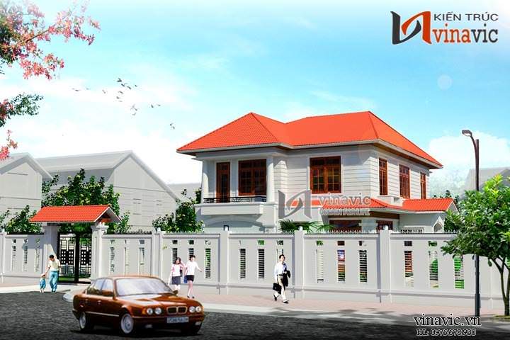 Phối cảnh mẫu nhà 2 tầng 130m2 nhìn từ đường chính