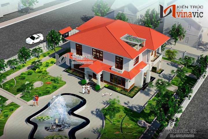 Toàn cảnh đài phun nước biệt thự sân vườn 2 tầng thoáng đãng 