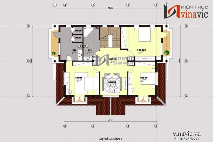 Mặt bằng công năng tầng 2 biệt thự mini thiên về sinh hoạt nghỉ ngơi