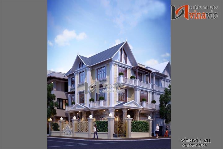 Góc nhìn chính diện 2 mặt tiền thiết kế biệt thự cổ điển 3 tầng giữa lòng thủ đô