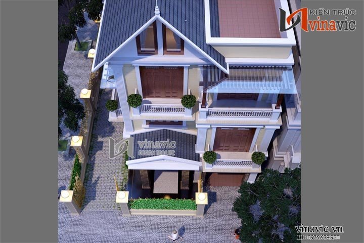 Góc nhìn từ trên cao mẫu biệt thự tân cổ điển 3 tầng mái thái