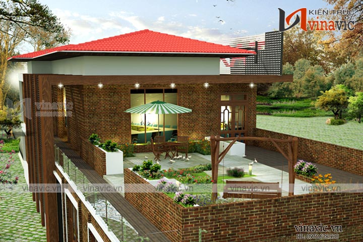 Phối cảnh sân vườn thiết kế toà nhà văn phòng hiện đại 2 tầng 